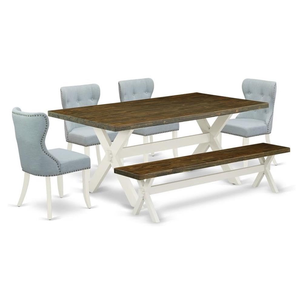 East West Furniture X077Si215-6 6 Piece Dining Table Set Contains A Rectangle Dining Room Table With X-Legs And 4 Baby Blue Linen Fabric Parson Chairs With A Bench, 40X72 Inch, Multi-Color