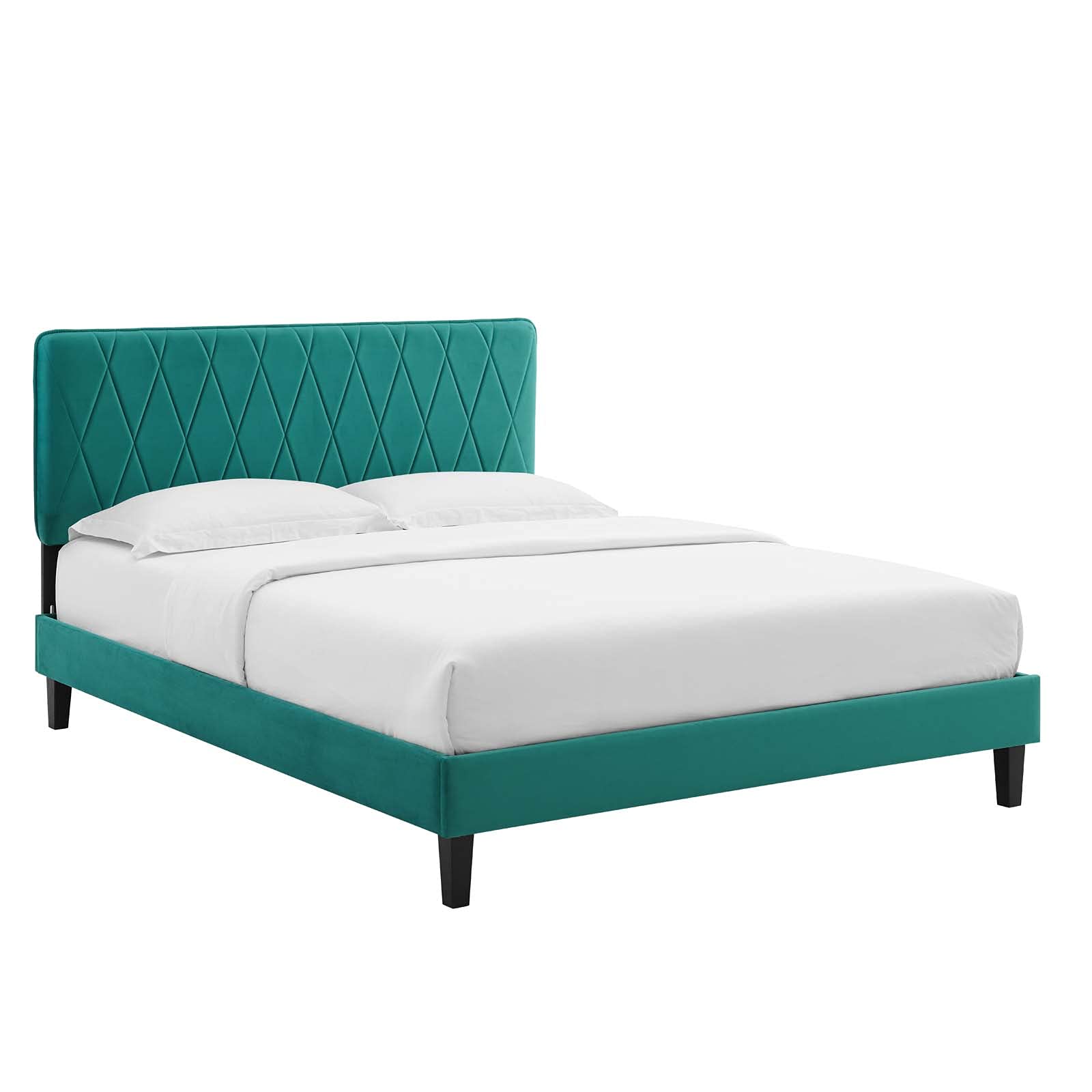 Modway Phillipa Performance Velvet King Platform Bed in Teal with Black Wood Legs
