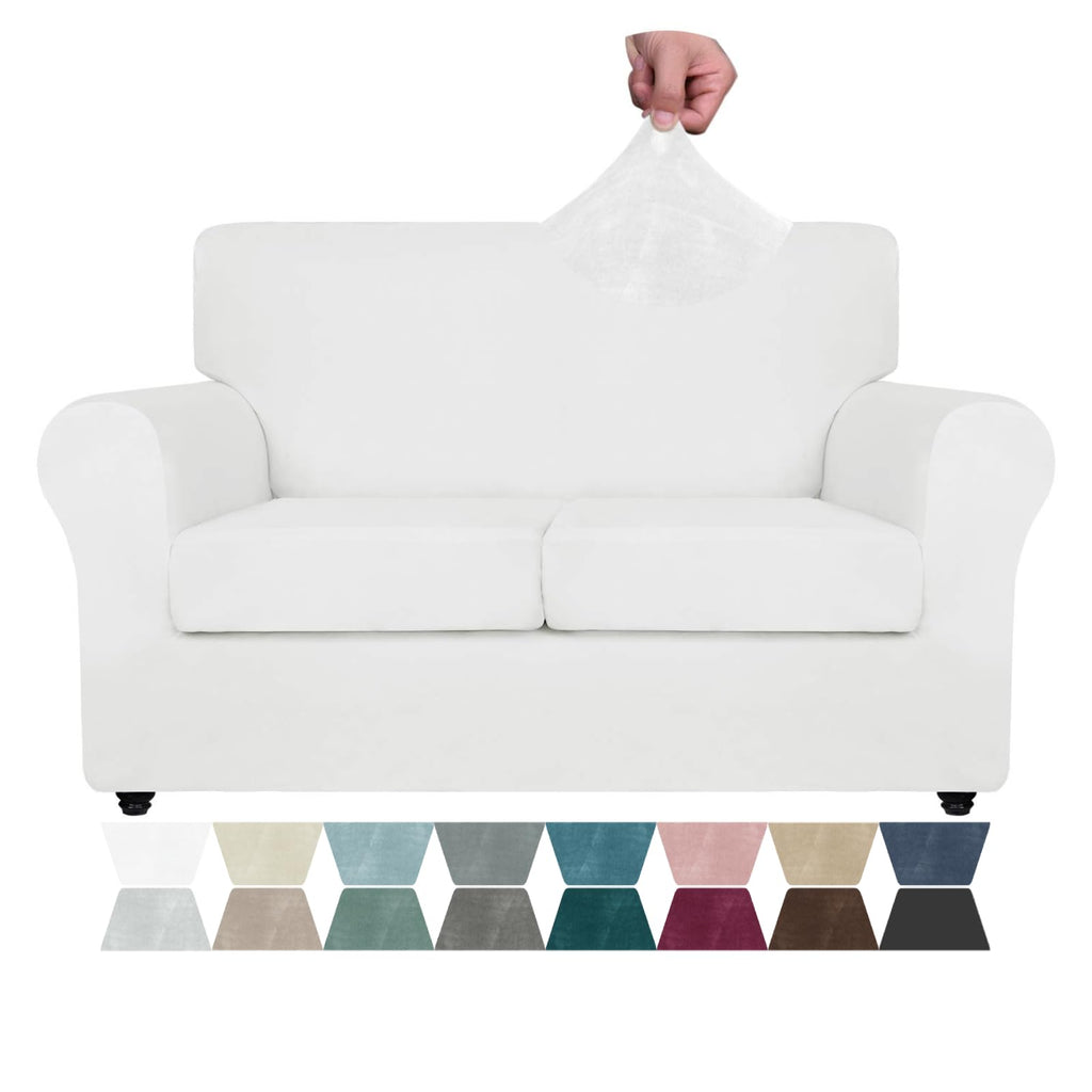 Znsayotx Luxury Velvet Couch Cover 3 Piece Stretch Sofa Covers For 2 Cushion Couch Soft Loveseat Slipcover Living Room Anti Slip Dogs Pet Love Seat Furniture Protector (White), 55'-69'(2 Cushions)