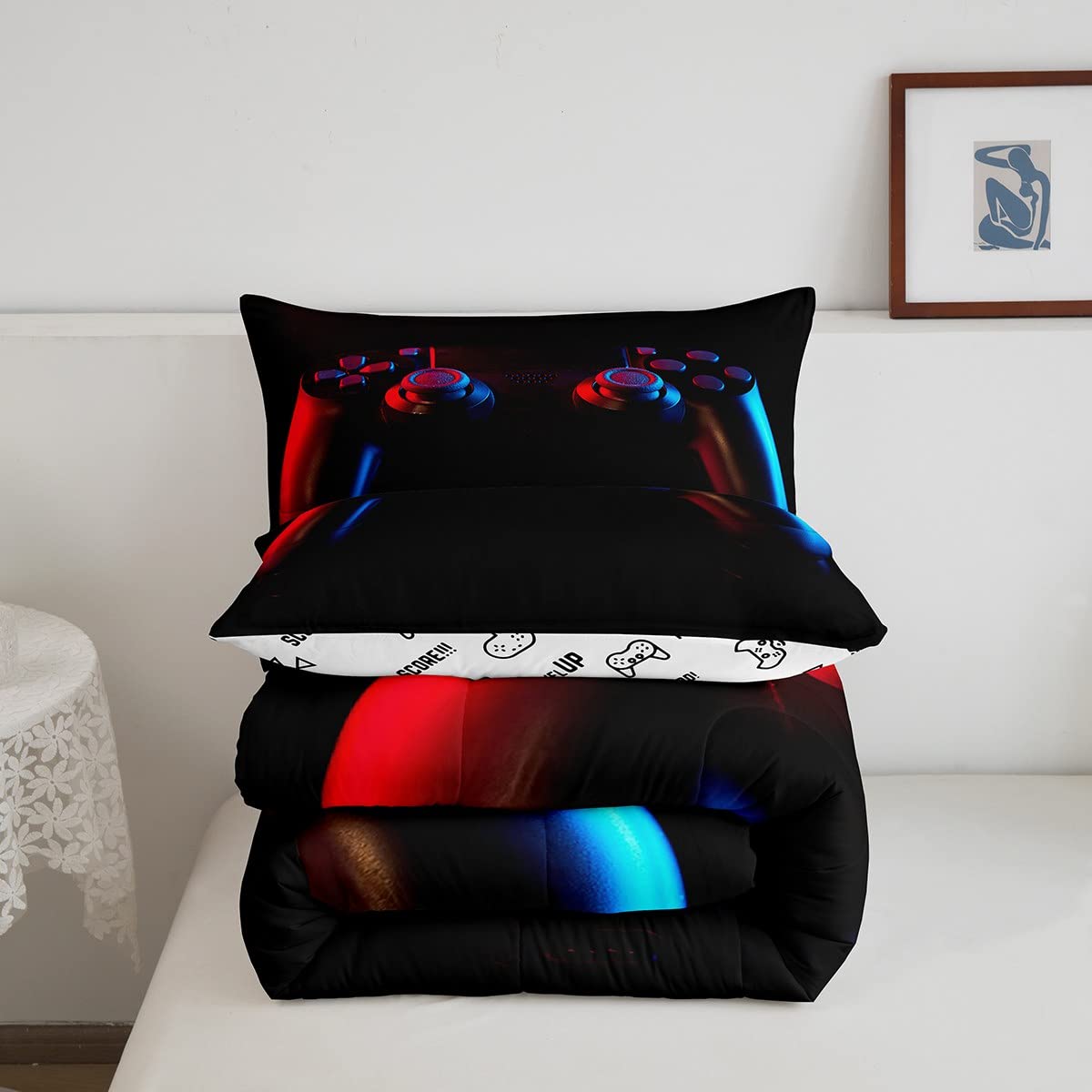 Gamer Comforter Set For Boys Girls Man Gaming Bedding Set,Black Gamepad Home Decor Player Video Game Duvet Insert Teens Kids 2 P