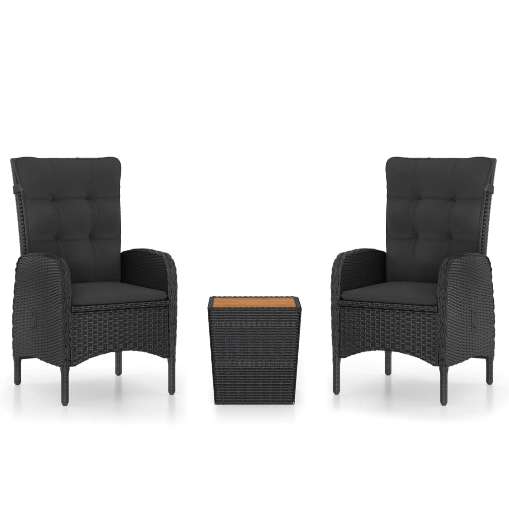 vidaXL 3-Piece Patio Bistro Set in Black - Stylish Outdoor Furniture Set with Poly Rattan, Steel, and Acacia Wood Construction - Includes Armchairs and Coffee Table for Outdoor Relaxation