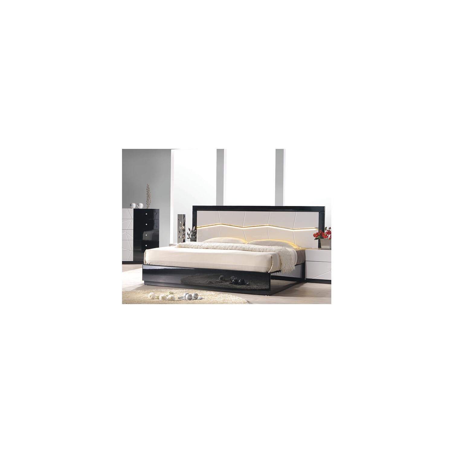 Best Master Furniture Berlin Black And White Lacquer Mdf Bed With Led Headboard King