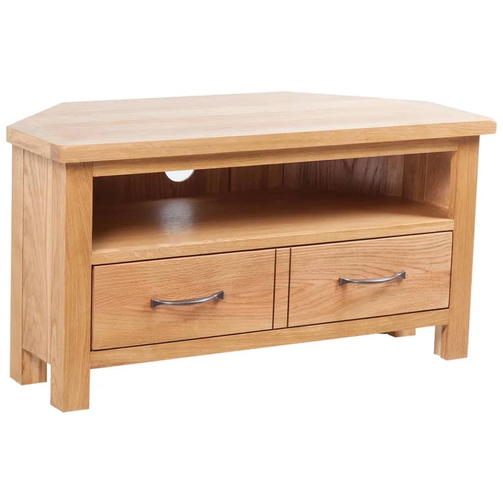 vidaXL TV Stand - Rustic Solid Oak Wood with a Drawer, Cable Outlet, Dual Compartment Design, Smooth Run Handles, and Space for Media Devices - 34.6 x 16.5 x 18.1 Brown