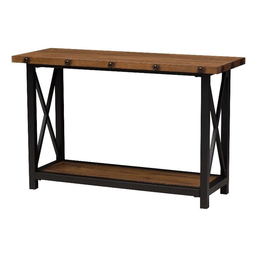 Baxton Studio Herzen Rustic Industrial Style Antique Black Textured Finished Metal Distressed Wood Occasional Console Table