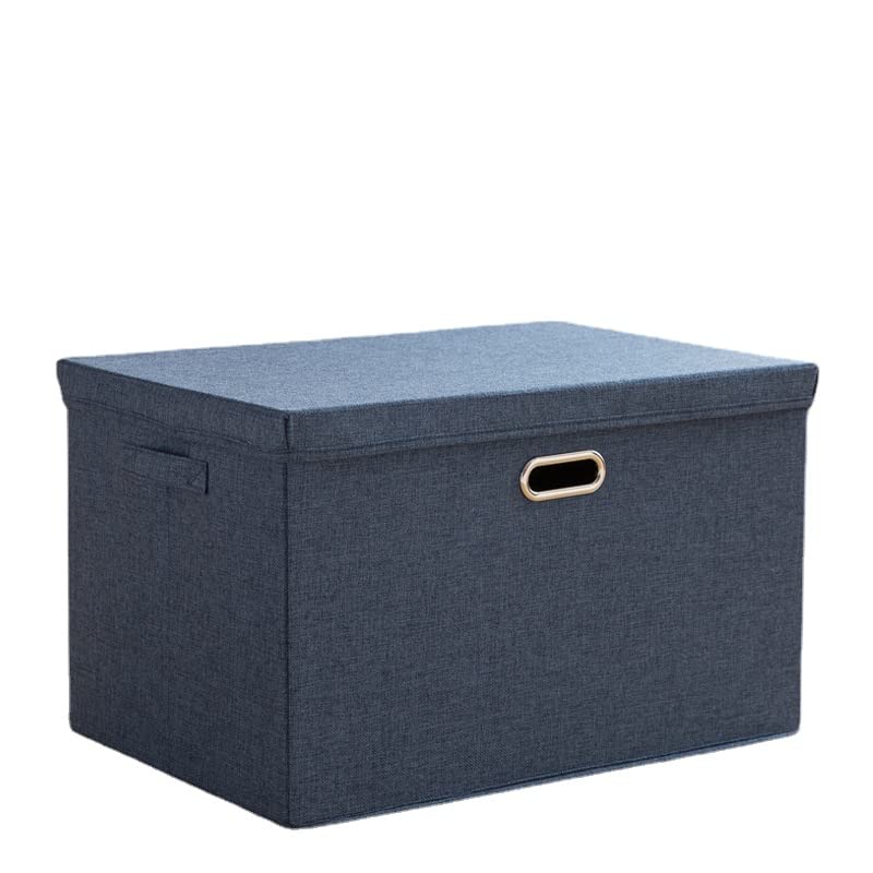 EDNEY Cotton and Linen Fabric Storage Box, Foldable, Covered, Stackable, Home Clothing Storage Box (cotton and linen navy blue, 