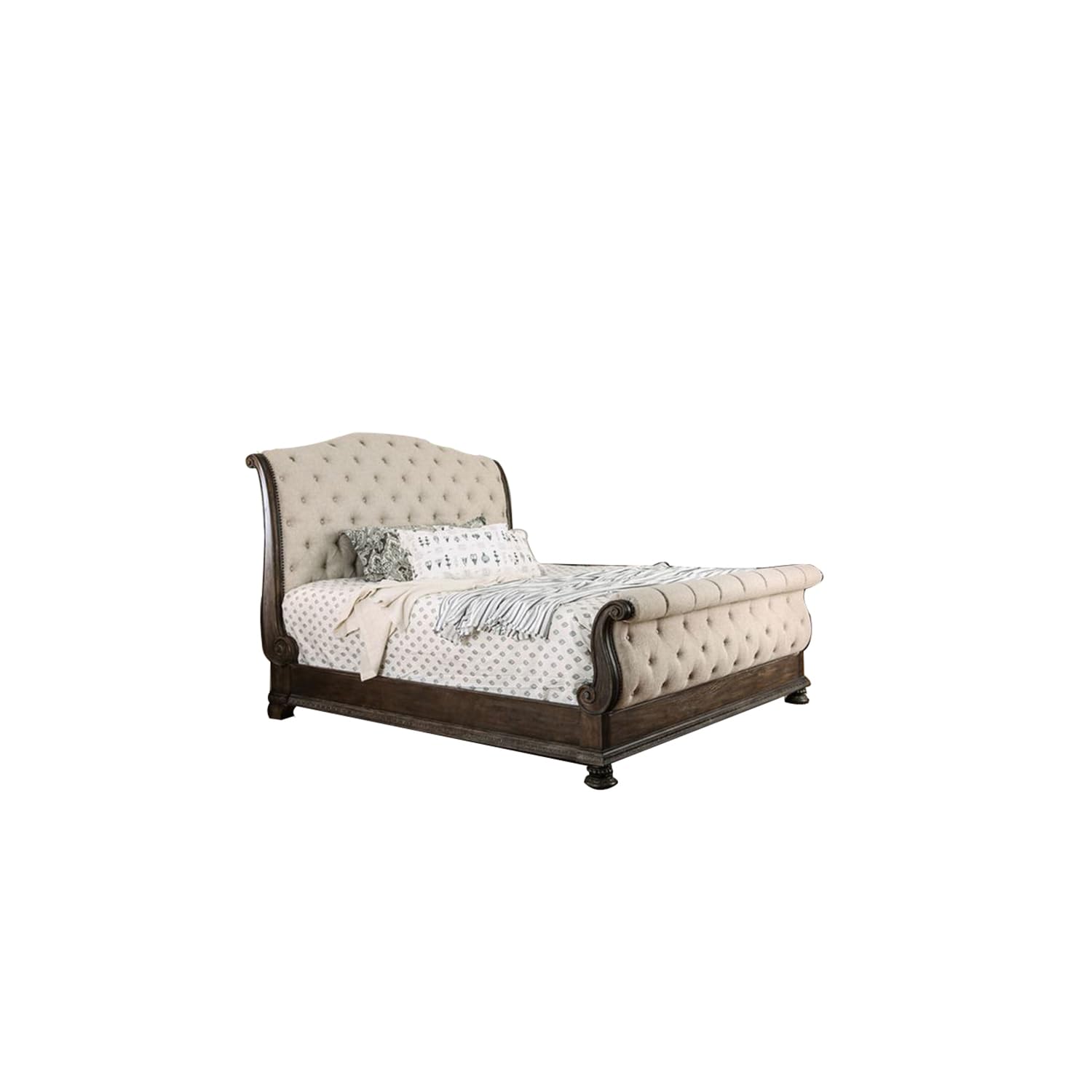 Benjara Queen Size Bed With Fabric Upholstery, Beige And Brown