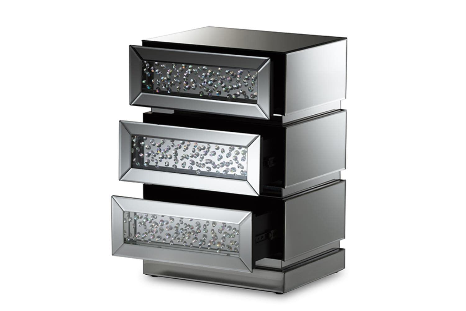 Baxton Studio Sabrina Hollywood Regency Glamour 3-Drawer Nightstand MDF/Silver Mirrored/Glam