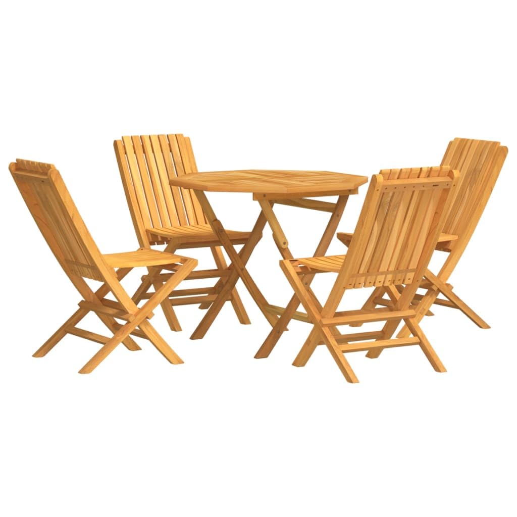 vidaXL Solid Wood Teak Patio Dining Set - 5 Piece Outdoor Furniture, Foldable Design, Comfortable Backrest, Sturdy Tabletop, Parasol Hole Feature