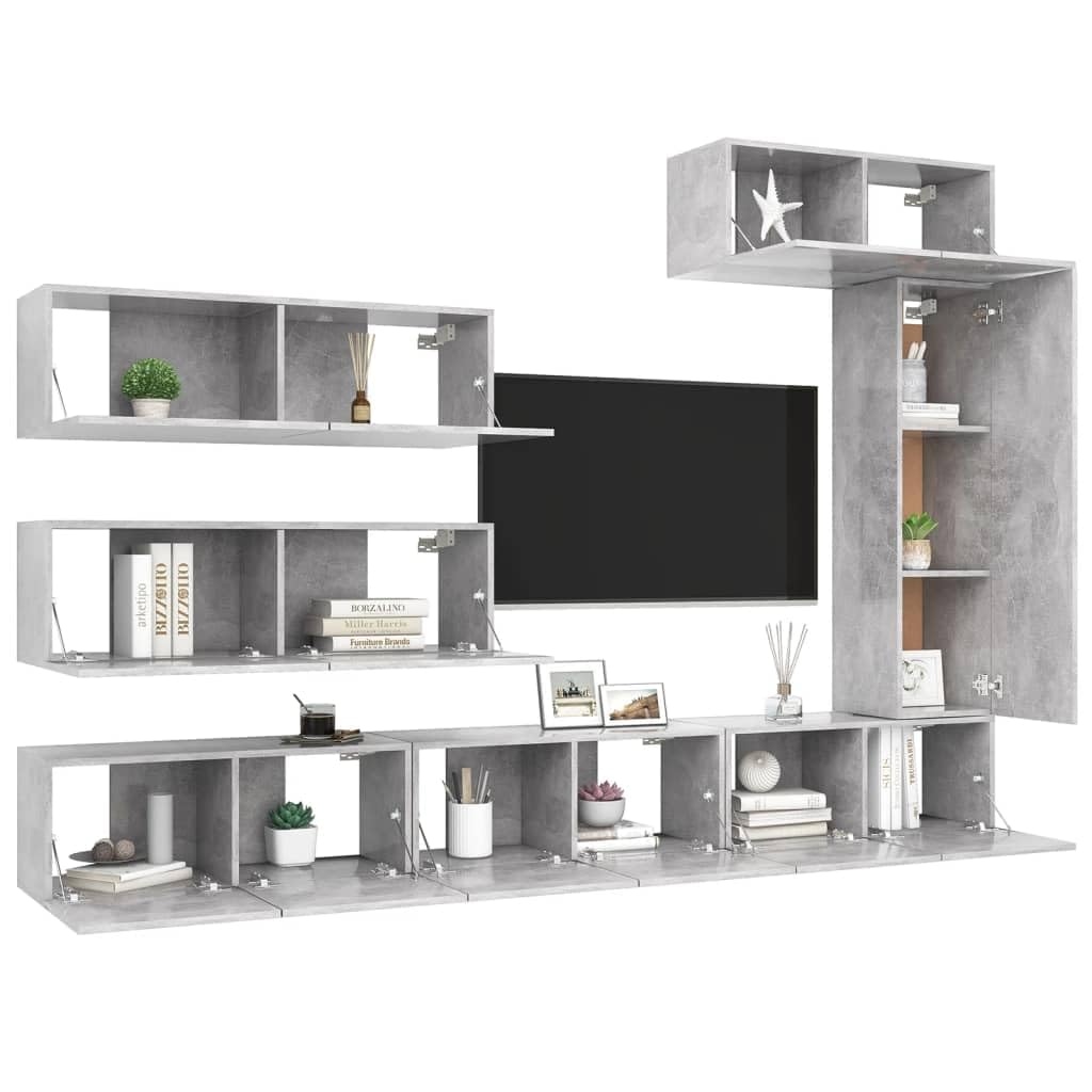 vidaXL TV Cabinet Set 7 Piece Living Room Bedroom Furniture HiFi Stereo Cabinet TV Stand Media Unit Entertainment Center Engineered Wood Concrete Gray