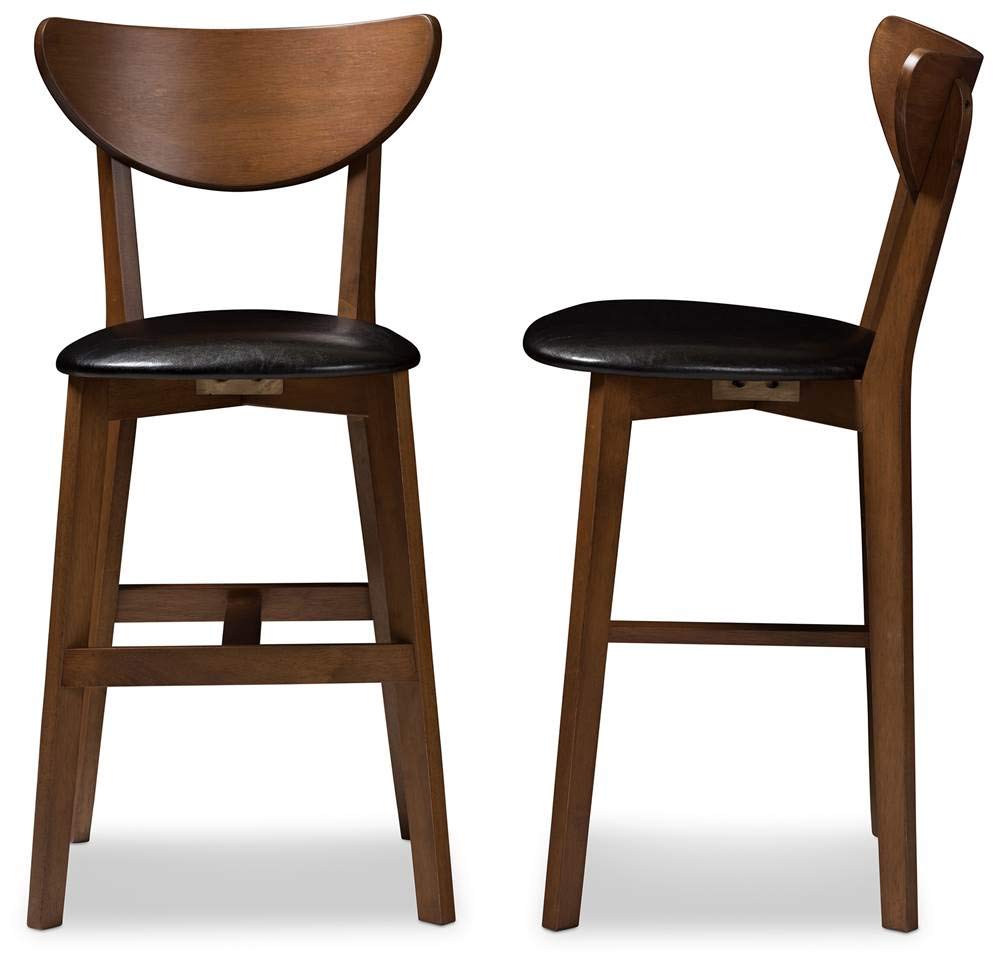 Baxton Studio Eline Mid-Century Modern Black Faux Leather Upholstered Walnut Finished Counter Stool Set Black/Qty 2/Medium Wood/Mid-Century/Faux Leather/Rubber Wood/Foam
