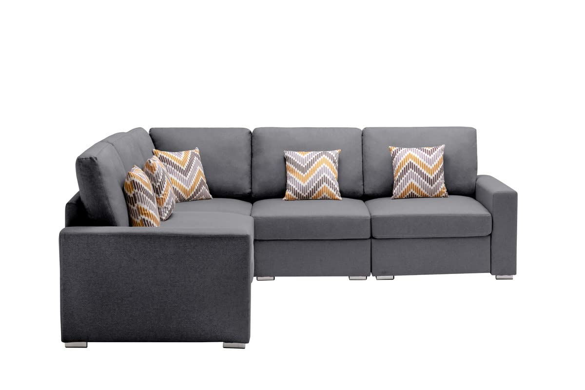 Lilola Home Nolan Gray Linen Fabric 5Pc Reversible Sectional Sofa with Pillows and Interchangeable Legs