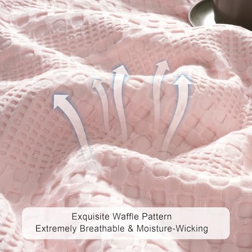 Phf Cooling Waffle Blanket Queen Size, Lightweight 60% Rayon Derived From Bamboo & 40% Cotton Breathable Blanket For Hot Sleepers, Soft And Luxury For Bed Couch And Sofa, 90'X90', Pink
