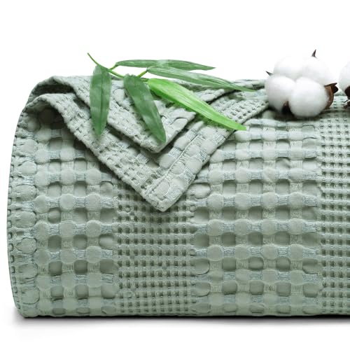 Phf Cooling Waffle Blanket Twin Size, Lightweight 60% Rayon Derived From Bamboo & 40% Cotton Breathable Blanket For Hot Sleepers, Soft And Luxury For Bed Couch And Sofa, 66'X90', Sage Green
