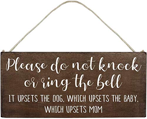 POWERMAZ Baby Sleeping Sign for Front Door - Funny No Soliciting 12x6inch Hanging Wood Plaque - Please Do Not Knock or Dont Rin
