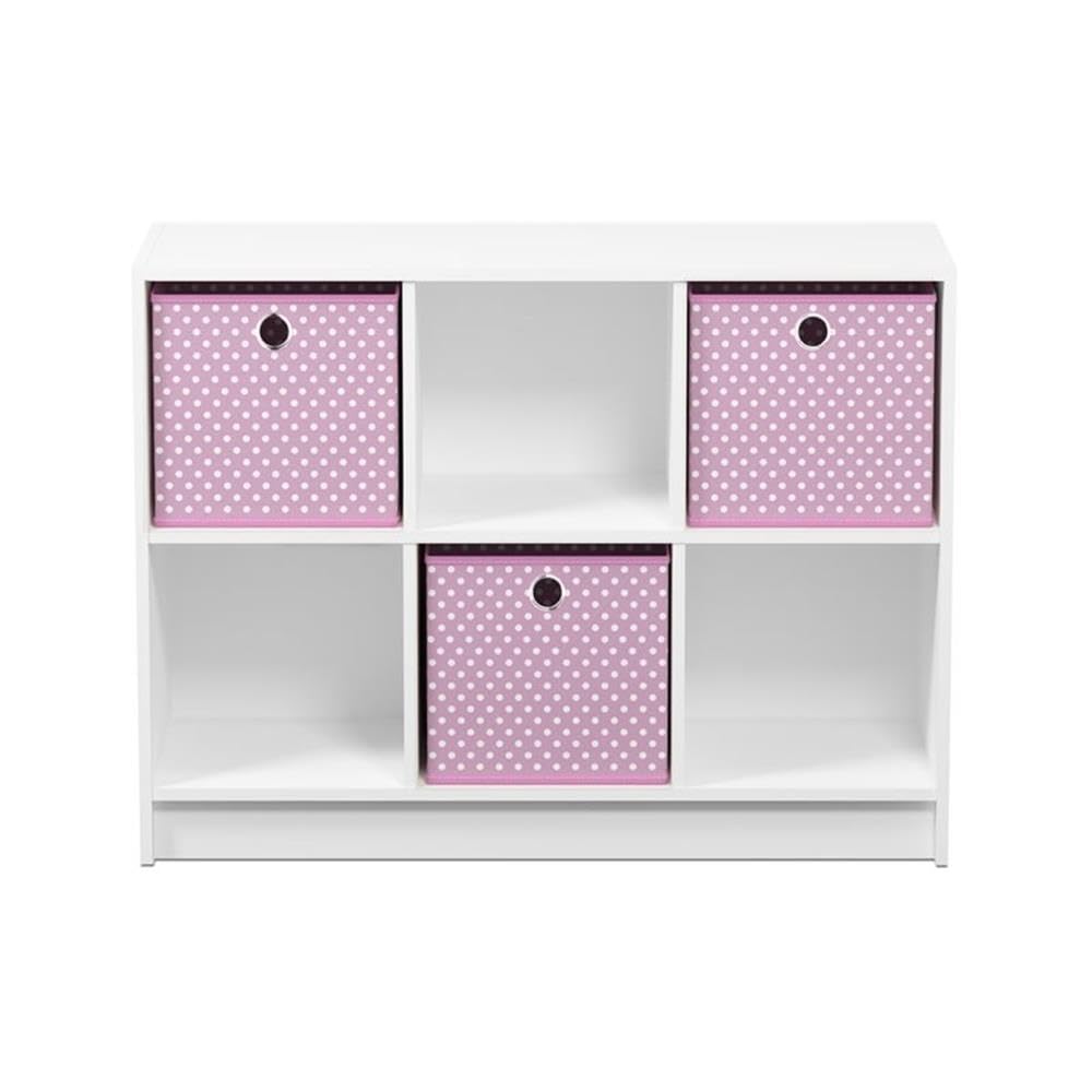 Furinno Basic 3X2 Cube Storage Bookcase Organizer With Bins, White/Light Pink