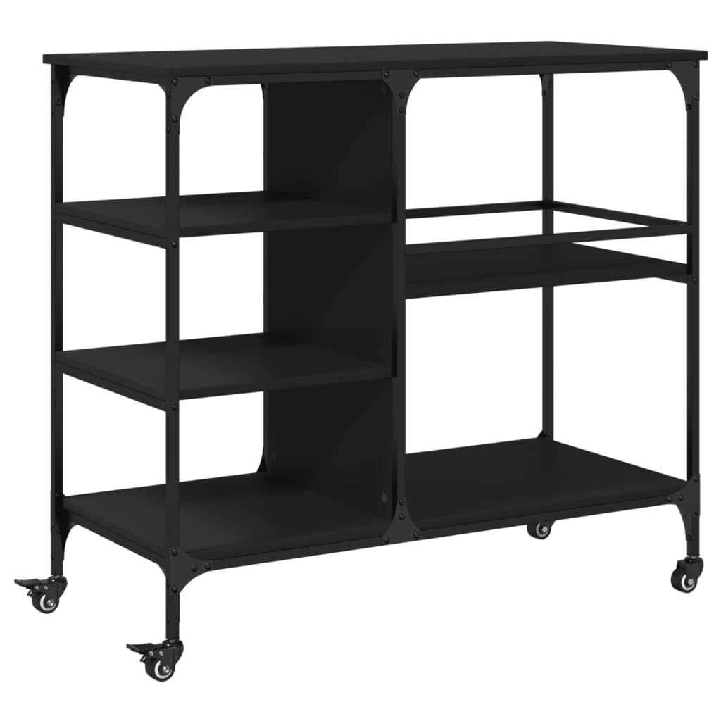 vidaXL Kitchen Trolley in Black - 39.4&quot;x17.7&quot;x35.2&quot; Engineered Wood with Steel Frame, Wheels, Ample Vintage-Style Storage Organizer