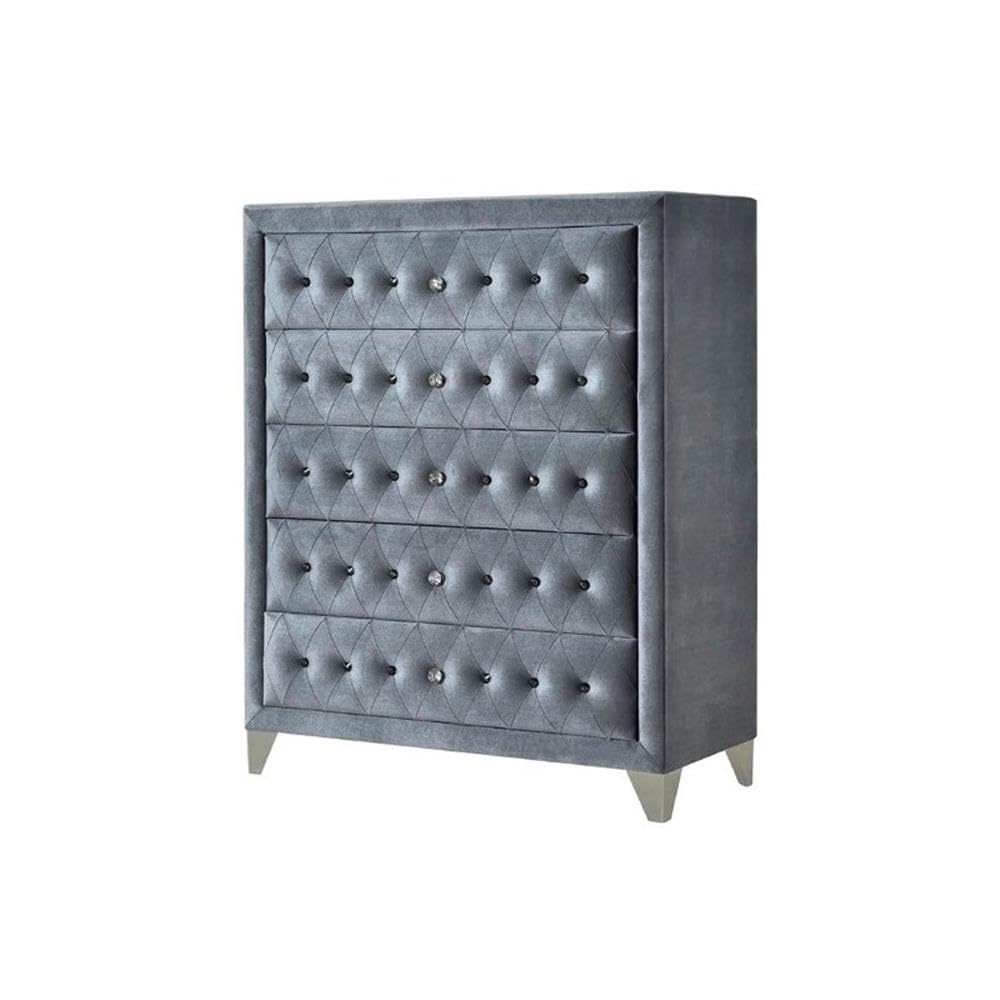 Acme Rectangular Upholstered 5-Drawer Dante Chest in Gray Velvet