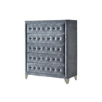 Acme Rectangular Upholstered 5-Drawer Dante Chest in Gray Velvet