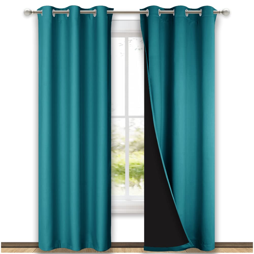 Nicetown Peacock Teal Blackout Curtains 84 Inches Long, Full Light Blocking Drapes With Black Liner For Nursery, Thermal Insulat