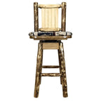 Montana Woodworks Glacier Country Collection Barstool with Back & Swivel, Upholstered Seat, Woodland Pattern with Laser Engraved Bear Design, Stained & Lacquered