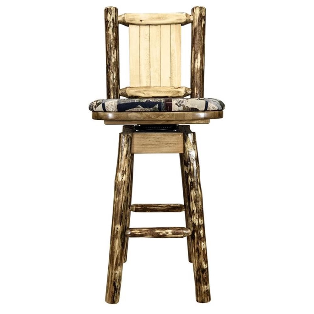 Montana Woodworks Glacier Country Collection Counter Height Barstool with Back & Swivel, Upholstered Seat, Woodland Pattern with Laser Engraved Pine Tree Design, Stained & Lacquered