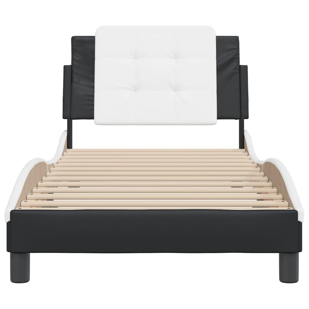 vidaXL Twin Bed Frame - Black and White - Modern Faux Leather with Headboard Cushion - 39.4"x74.8"