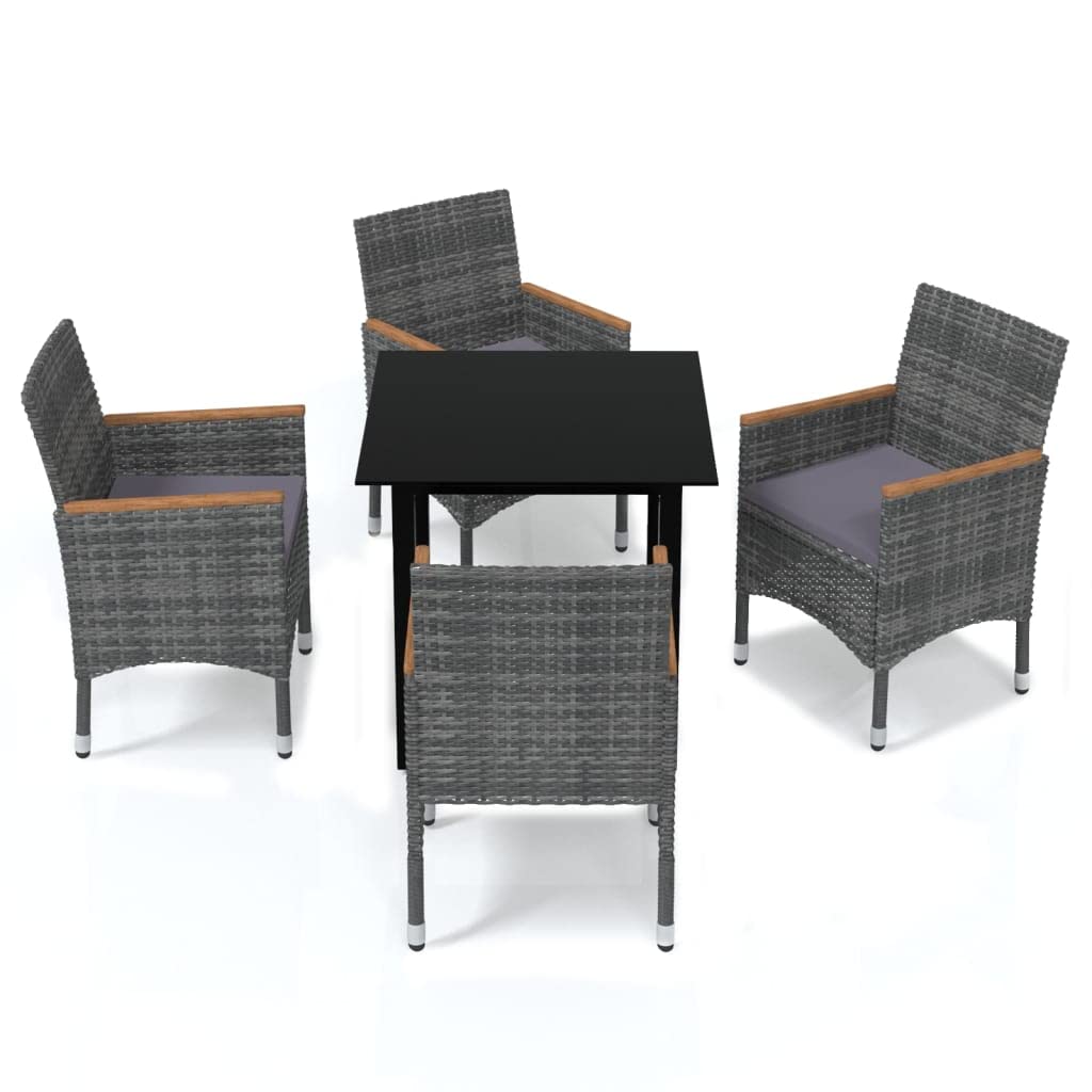 vidaXL Patio Dining Set 5 Piece with Cushions - Poly Rattan Garden Table and Chairs, Gray