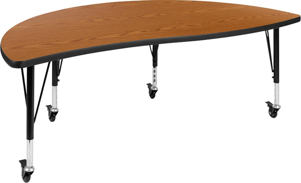 Flash Furniture Mobile 60" Circle Wave Collaborative Laminate Activity Table Set With 14" Student Stack Chairs, Oak/Black
