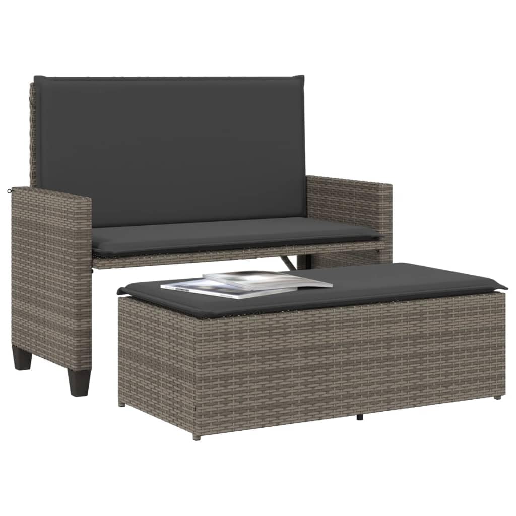 vidaXL Patio Bench with Cushions and Footstool - Convertible Outdoor Loveseat Sofa Bed - Gray Poly Rattan, Padded Cushions