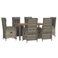 vidaXL 7-Piece Outdoor Patio Dining Set with Cushions – Weather-Resistant Gray Poly Rattan Construction – Reclining Function for Comfort – Sturdy Acacia Wood Tabletop – Sleek and Modern Lounge Set