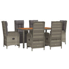 vidaXL 7-Piece Outdoor Patio Dining Set with Cushions – Weather-Resistant Gray Poly Rattan Construction – Reclining Function for Comfort – Sturdy Acacia Wood Tabletop – Sleek and Modern Lounge Set