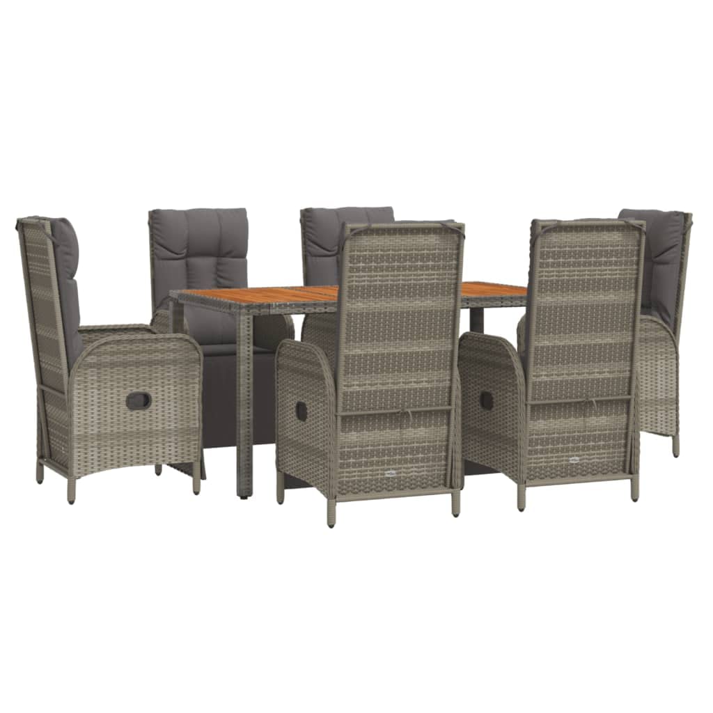 vidaXL 7-Piece Outdoor Patio Dining Set with Cushions – Weather-Resistant Gray Poly Rattan Construction – Reclining Function for Comfort – Sturdy Acacia Wood Tabletop – Sleek and Modern Lounge Set