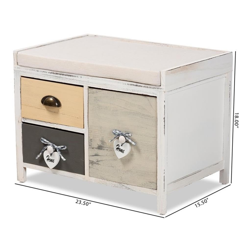 Baxton Studio Jacoby Modern Transitional Beige Fabric Upholstered and Multi-Colored Wood 3-Drawer Storage Bench