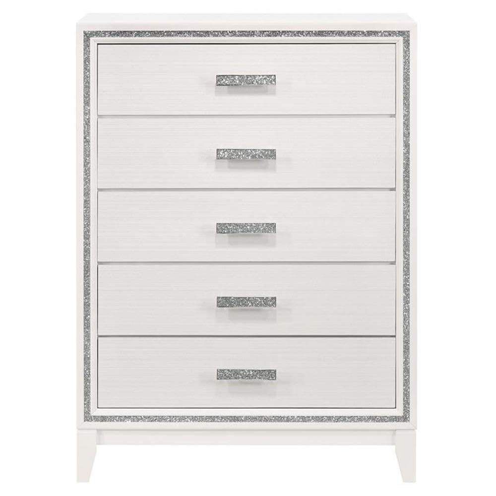 Acme Haiden 5-Drawer Bedroom Wooden Chest with Shimmering Trim in White
