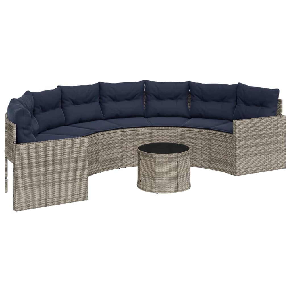 vidaXL Half-Round Outdoor Patio Sofa & Table Set - Gray Poly Rattan, Navy Blue Cushions, Tempered Glass Top, Perfect for Garden, Terrace, Deck, 113&quot; Diameter, PE Rattan & Steel Frame