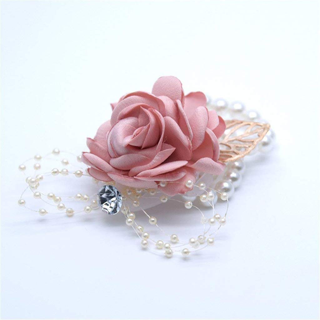 Flonding Girl Bridesmaid Wrist Corsage Bridal Silk Wrist Flower With Faux Pearl Bead Stretch Bracelet Wristband Gold Leaf For We