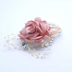 Flonding Girl Bridesmaid Wrist Corsage Bridal Silk Wrist Flower With Faux Pearl Bead Stretch Bracelet Wristband Gold Leaf For We