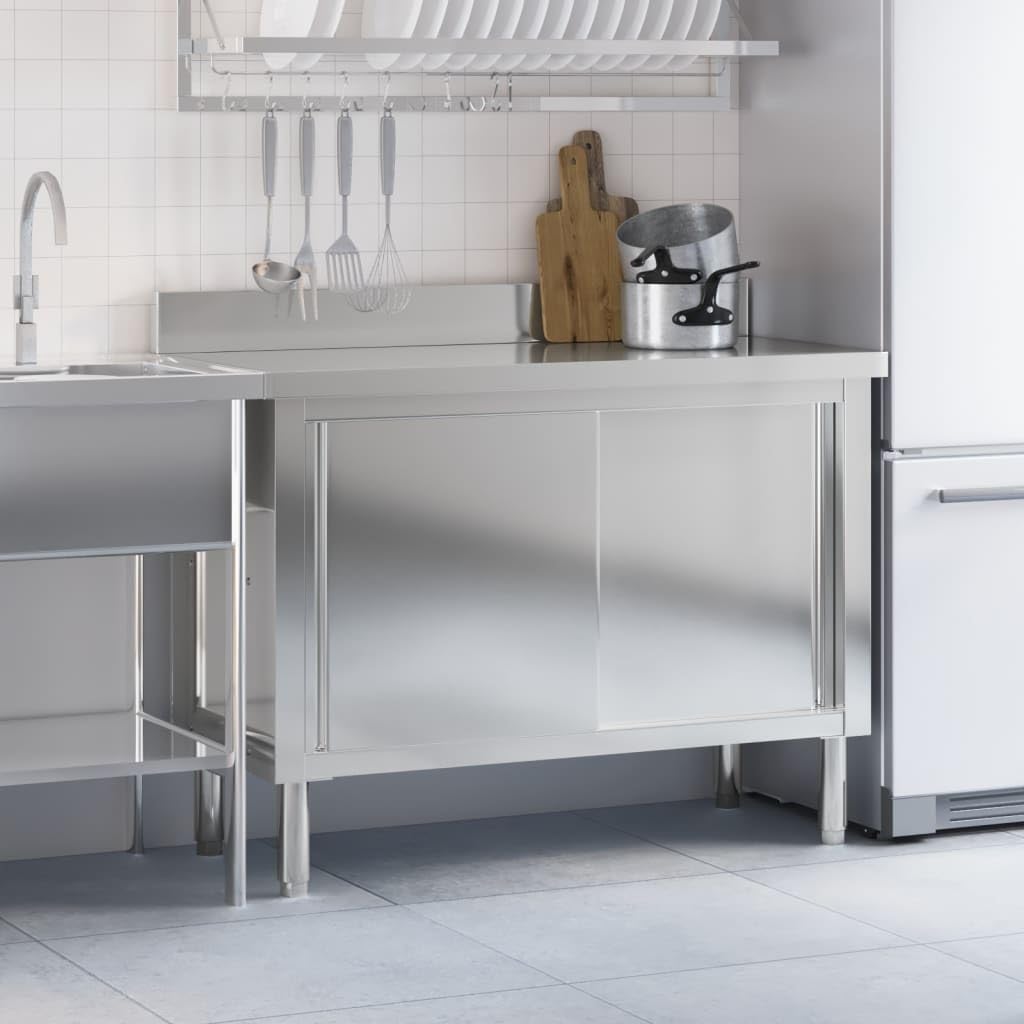 vidaXL Commercial Stainless Steel Kitchen Work Table with Sliding Doors – Silver, Adjustable Feet, Assembly Needed, for Restaurant & School, 376441