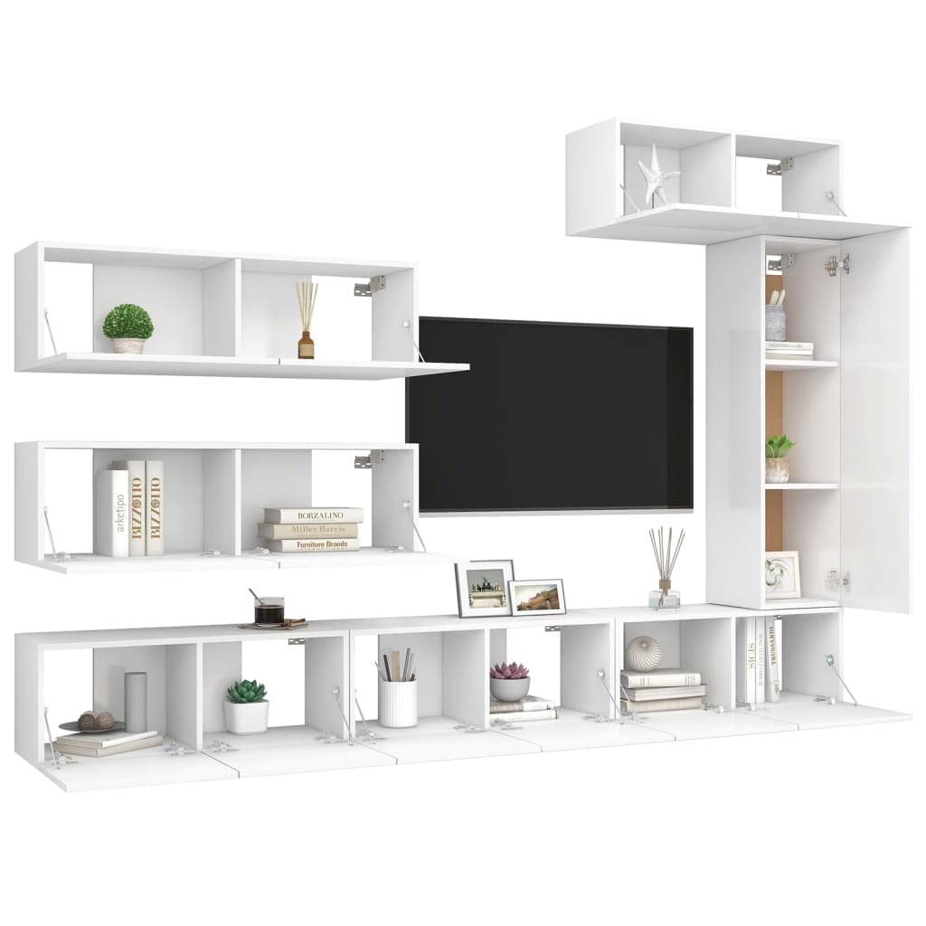 vidaXL White TV Cabinet Set, 7 Piece, Engineered Wood, Wall-Mounted, Modern Design - Contemporary Living Room Furniture with Multiple Storage Compartments