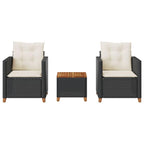 vidaXL 3 Piece Bistro Set - Black Poly Rattan, Acacia Wood/Cushions/Outdoor Furniture, Garden/Patio/Backyard