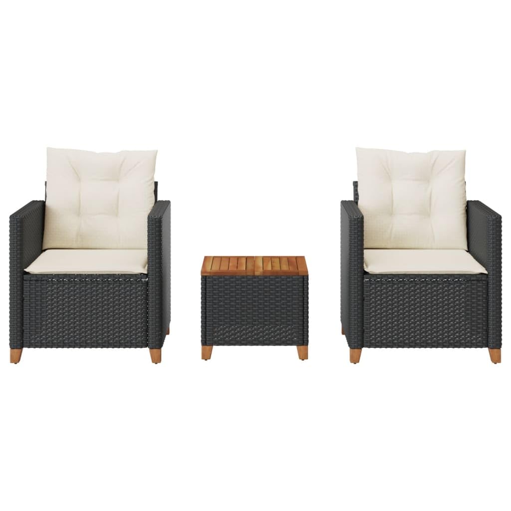 vidaXL 3 Piece Bistro Set - Black Poly Rattan, Acacia Wood/Cushions/Outdoor Furniture, Garden/Patio/Backyard