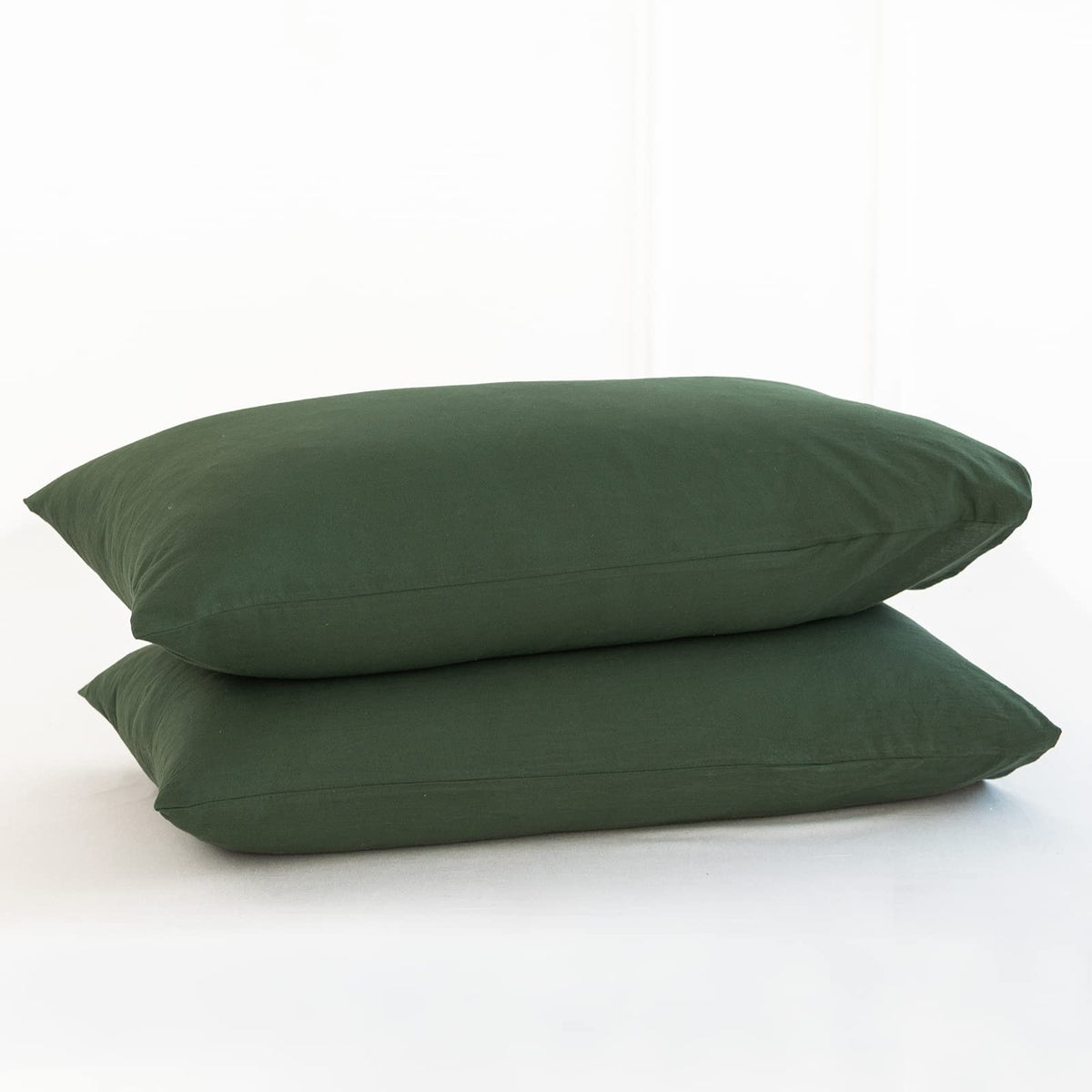 Moomee Bedding Pillowcases Pack Of 2 100% Washed Cotton Linen Like Textured Breathable Durable Soft Comfy (Forest Green, Queen)