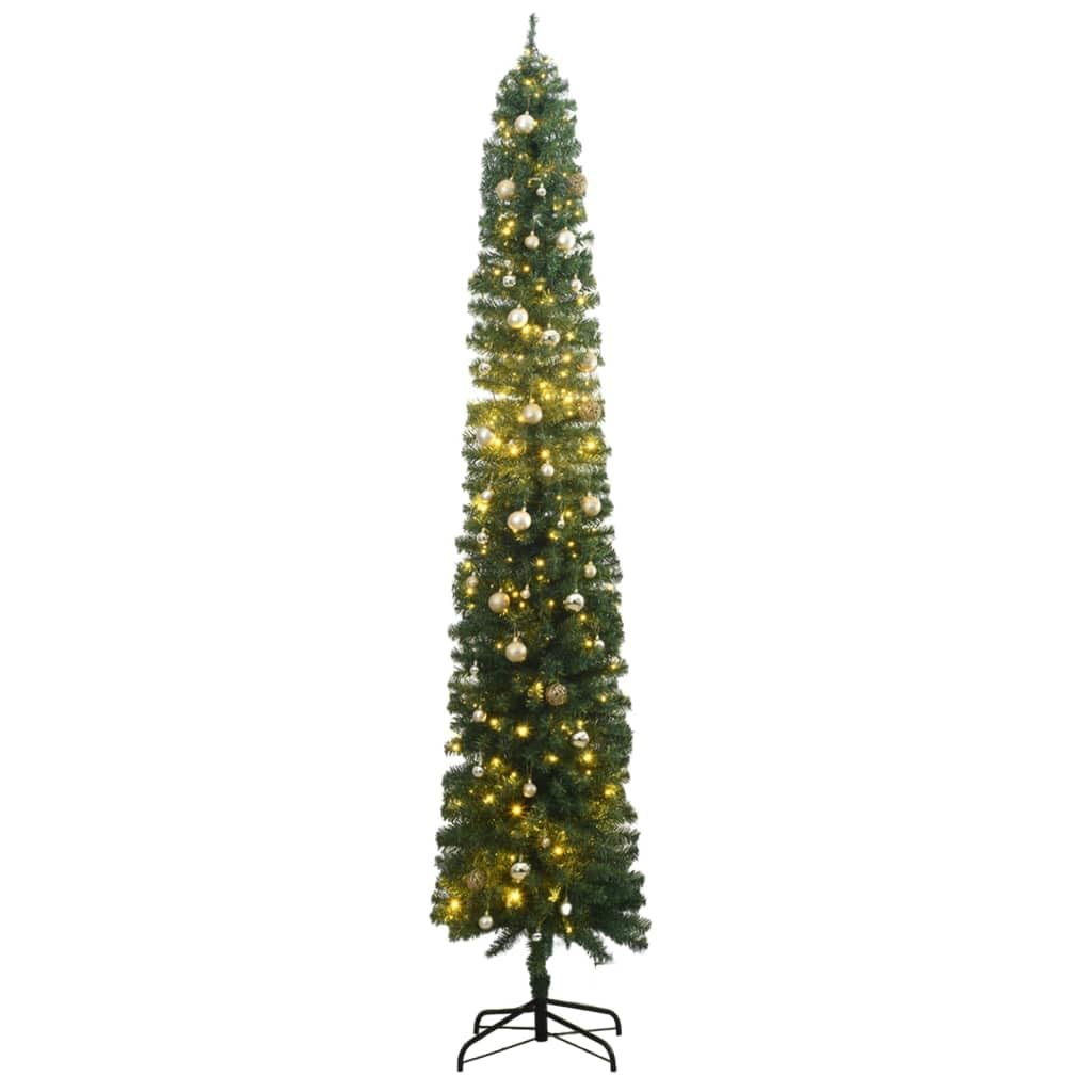 vidaXL LED-Lit Artificial Slim Christmas Tree 106.3&quot; with Stand and Ball Set - Perfect for Small Spaces – Green, Easy to Assemble and Store