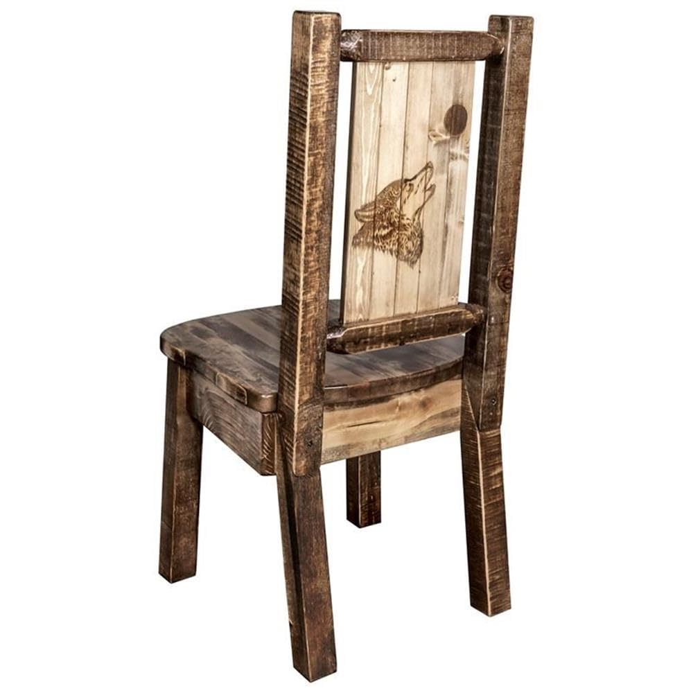 Montana Woodworks Homestead Collection Side Upholstered Chair, Woodland Pattern with Laser Engraved Wolf Design, Stain & Lacquer Finish