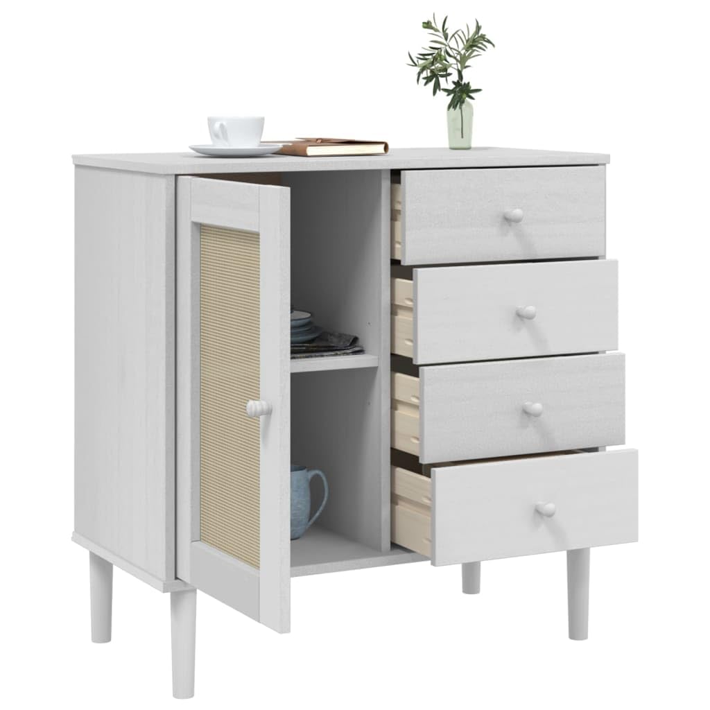 vidaXL White Sideboard SENJA with Rattan Look Surface - Solid Pine Wood Storage Unit with Drawers and Compartments