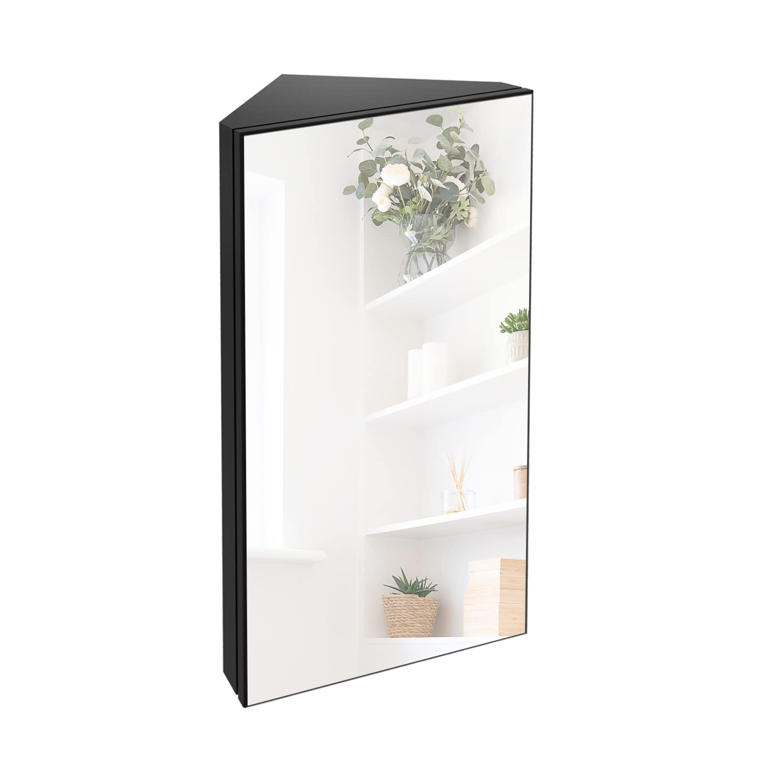eclife 24  Bathroom Corner Medicine Cabinet W/Mirror, Single Door Bathroom Black Wall Mount Mirror Cabinet, Hanging Triple Shelf