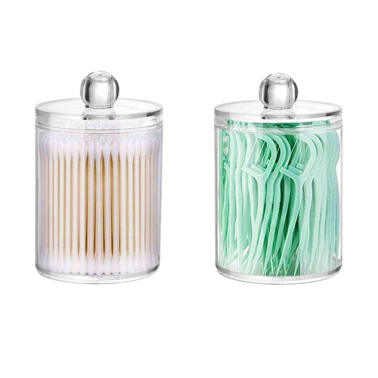 DAPOWER 2 Pack Qtip Holder Storage Canister for Cotton Ball, Cotton Swab, Pads, Floss; 10-Ounce Clear Plastic Apothecary Jar wit