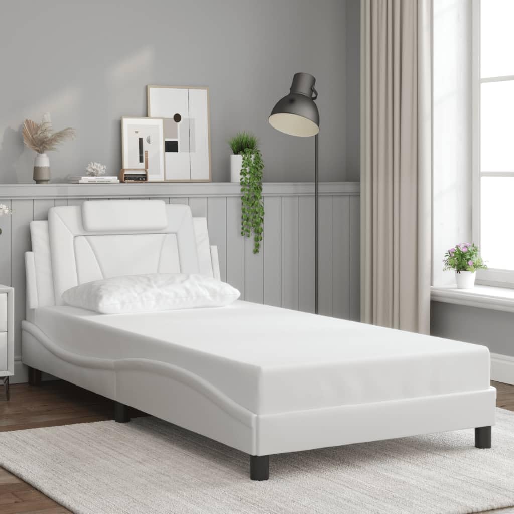 vidaXL Twin XL Faux Leather Bed Frame with LED Lights - White, Sturdy Plywood Slats, Modern Style for Contemporary Bedroom