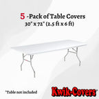 Kwik-Covers 6' Rectangular Plastic Table Covers Bundle Of 5 With Seventy (70) Ohm Commerce Paper Napkins - Indoor Or Outdoor Fitted Table Covers (Table Not Included) (30' X 72' White)