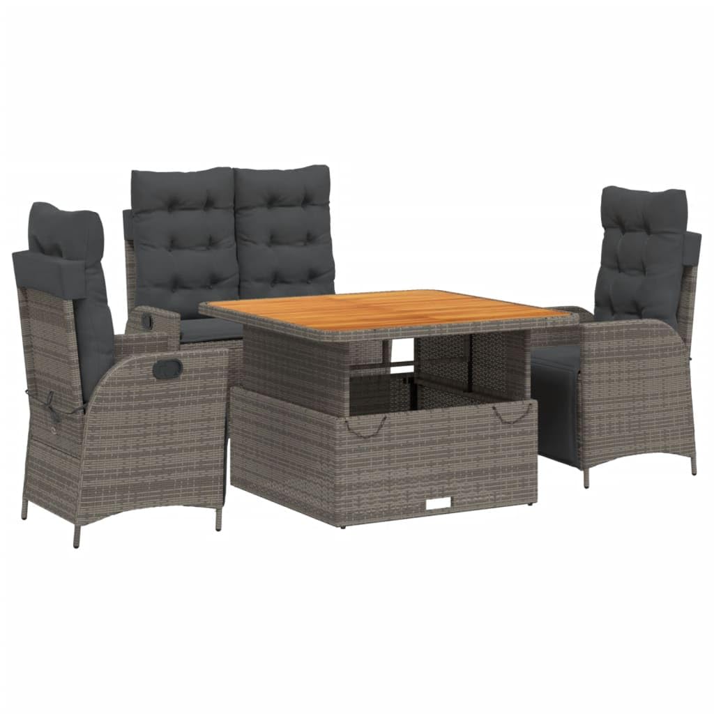 vidaXL 4 Piece Patio Dining Set - Gray Poly Rattan Furniture with Adjustable Table & Reclining Seats for Outdoor Garden/Backyard, Includes Cushions